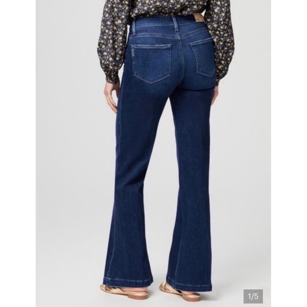 PAIGE Genevieve Flare Jeans Mid Rise LONG Dark Wash Stretch Denim Women's sz 27
